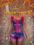 Holographic Tie Dye Romper Bodysuit: Lace-Up Front, Rave Outfit