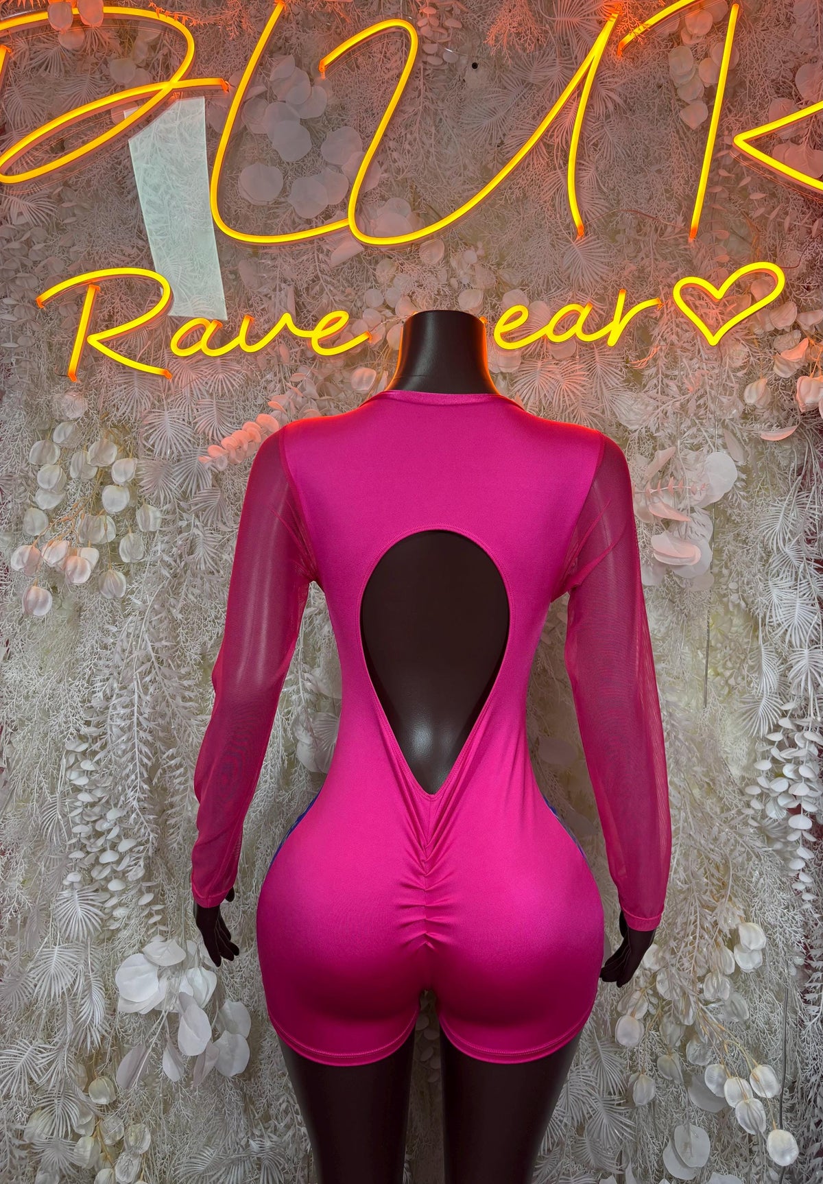 Fuchsia mesh-sleeve romper bodysuit with teardrop back cutout