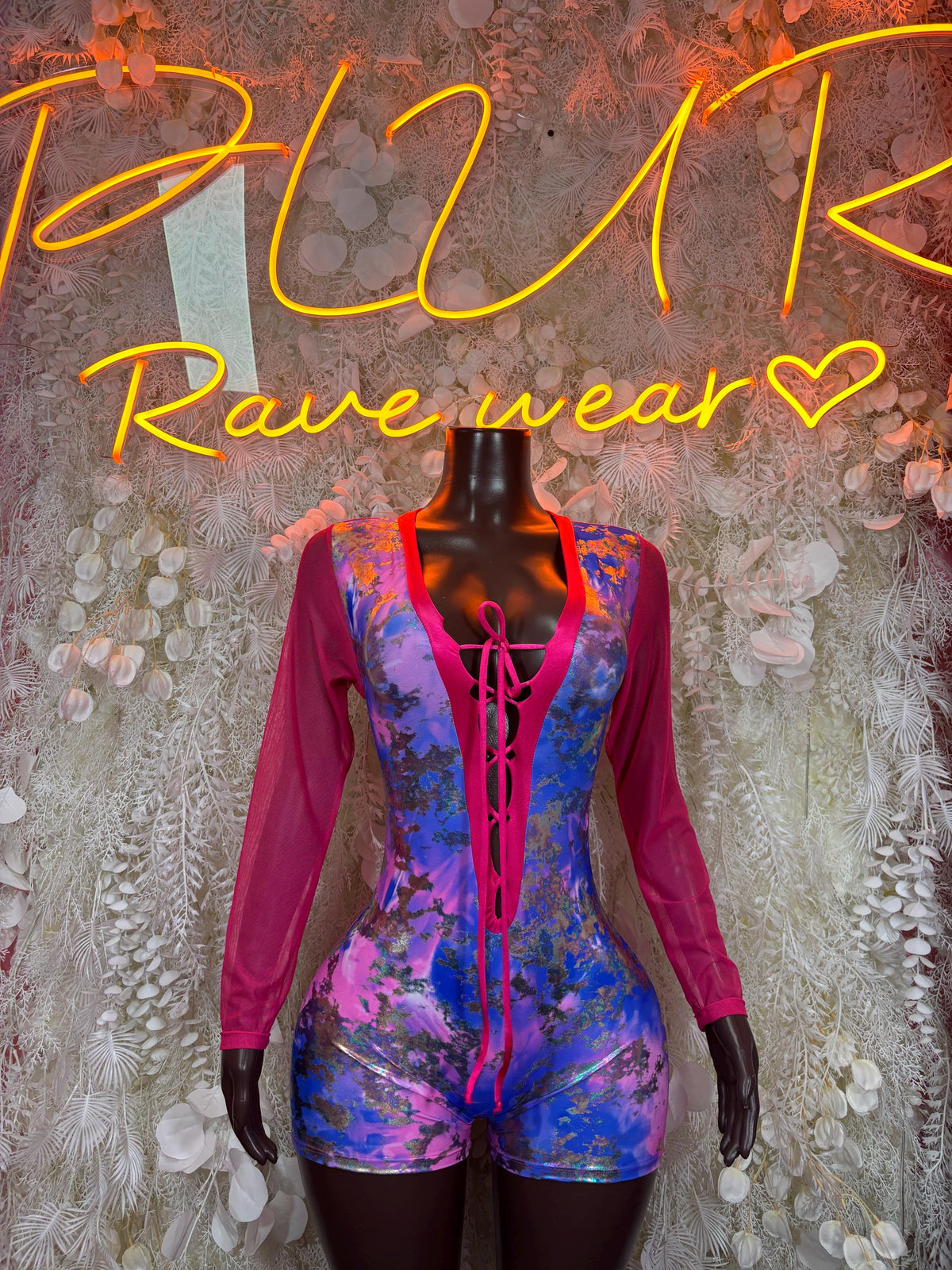 Holographic tie-dye lace-up romper bodysuit with long sheer mesh sleeves