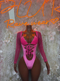 Pink Velvet Bottlegirl Bodysuit Rave Outfit, Exotic Dancewear Bartender One Piece