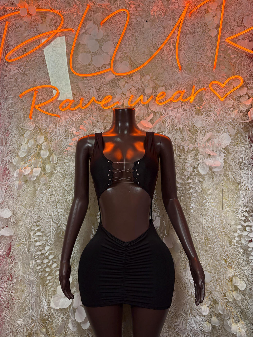 Black Lace Up Cutout Mini Dress Ruched Bodycon Rave Festival Outfit Exotic Dancewear Clubwear One Piece