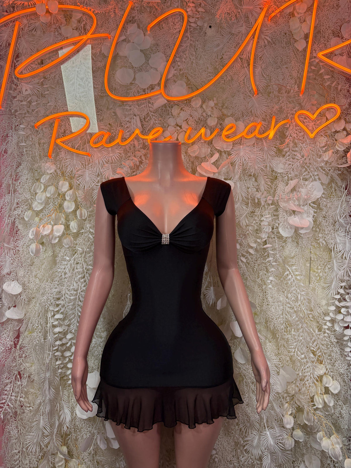 Black Cap Sleeve Rhinestone Mini Dress Mesh Ruffle Hem Rave Festival Outfit Exotic Dancewear Clubwear