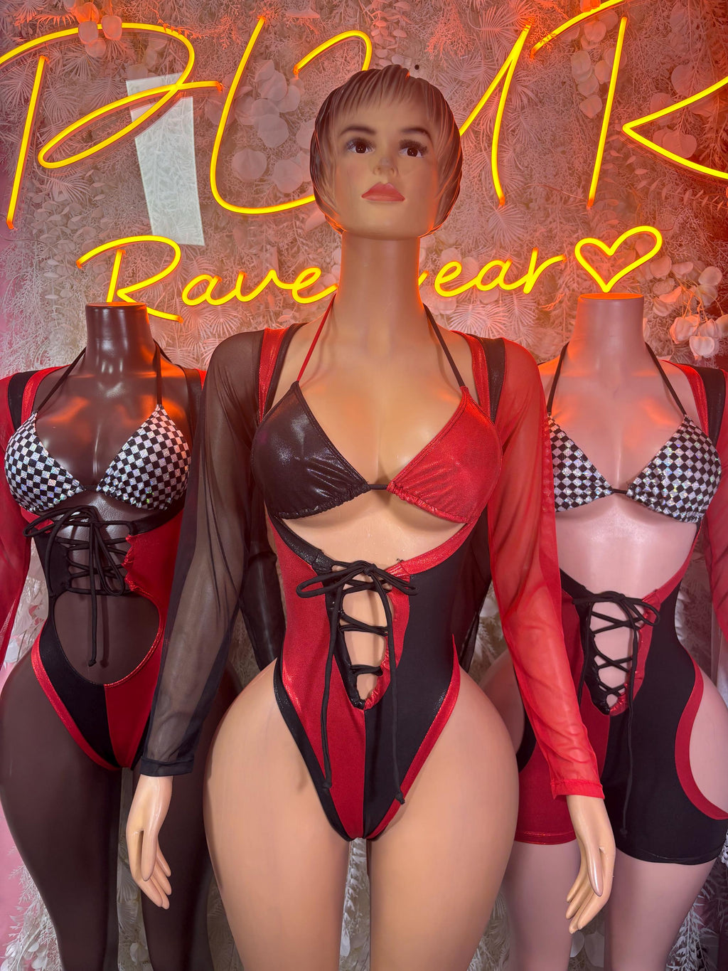 Halloween Bottlegirl Costumes Red Black Metallic Checkered Bodysuit Rave Festival Outfit Sexy Clubwear