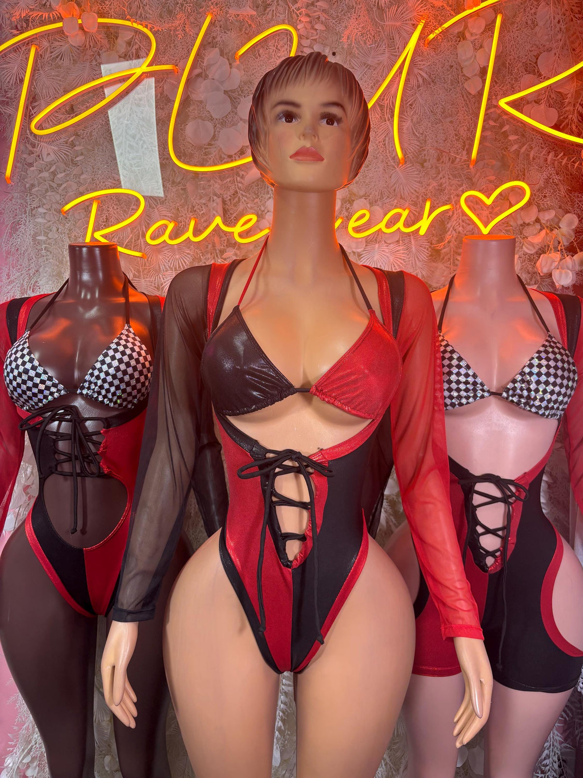 Halloween Bottlegirl Costumes Red Black Metallic Checkered Bodysuit Rave Festival Outfit Sexy Clubwear