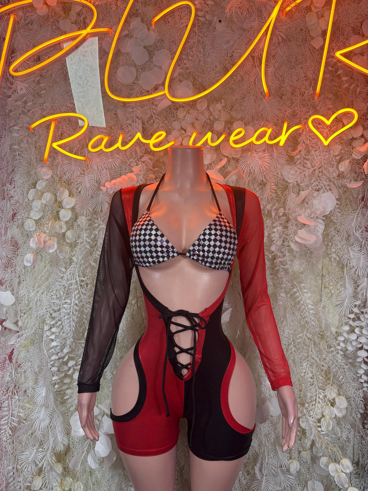 Halloween Bottlegirl Costumes Red Black Metallic Checkered Bodysuit Rave Festival Outfit Sexy Clubwear