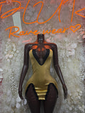 Metallic olive cutout bodysuit with deep V neckline and gold front panel