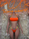 Neon orange rave bandeau bikini set with lime green tie straps and cheeky bottoms