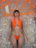 Neon orange plunge halter bodysuit with tie front and neon green trim