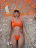 Neon orange scoop-neck rave bikini set, front view with high-cut matching bottoms