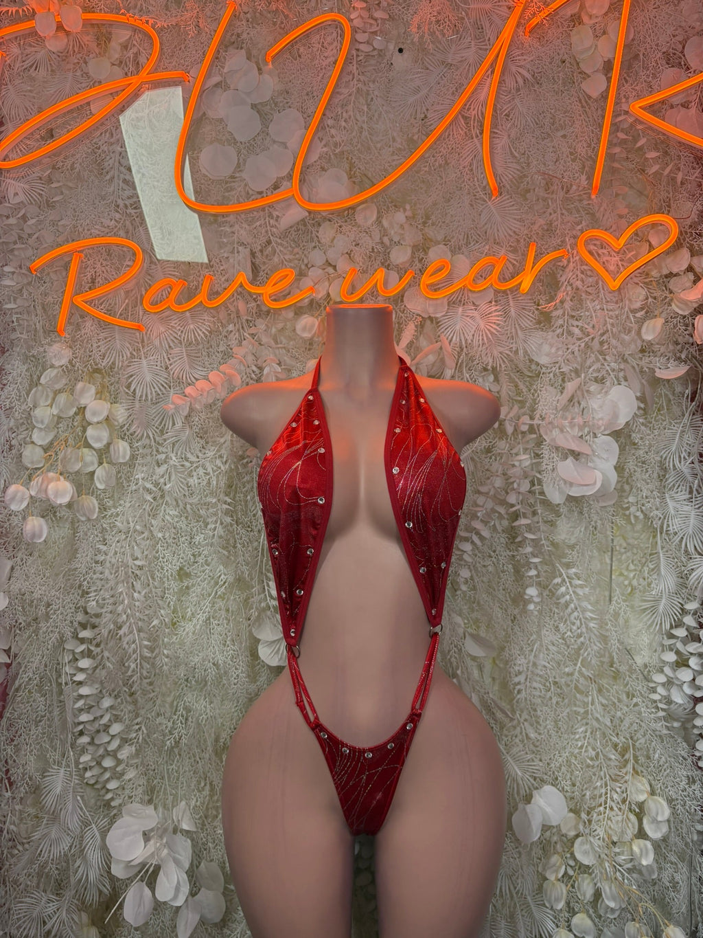 Red lace plunge halter bodysuit, one-piece with deep V front and thin straps