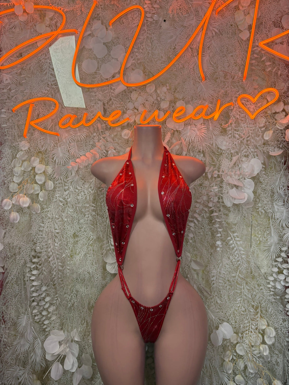 Red lace plunge halter bodysuit, one-piece with deep V front and thin straps