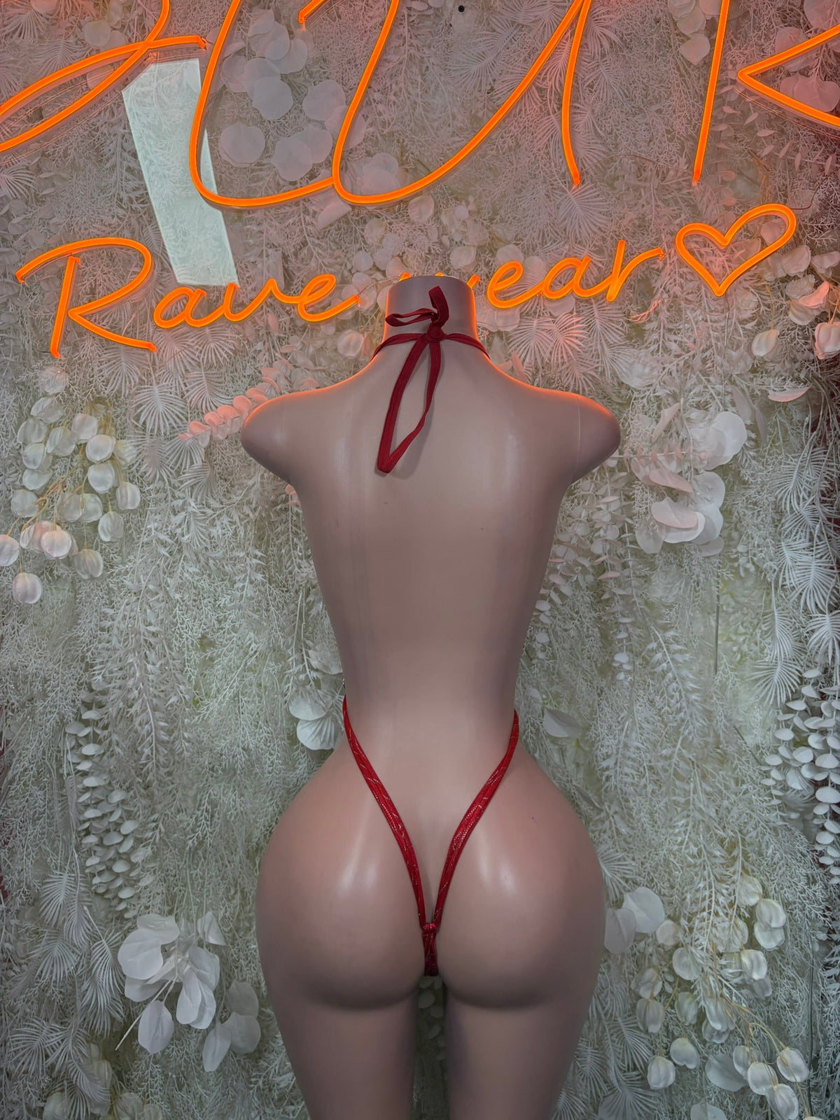 Red lace open-back halter bodysuit, thin straps and triangular back cutout