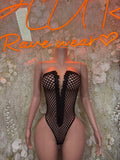 Black fishnet lace-up bodysuit with sweetheart front, open back