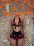 Red plaid ruffle skirt two-piece set with black bow bikini top and mini skirt