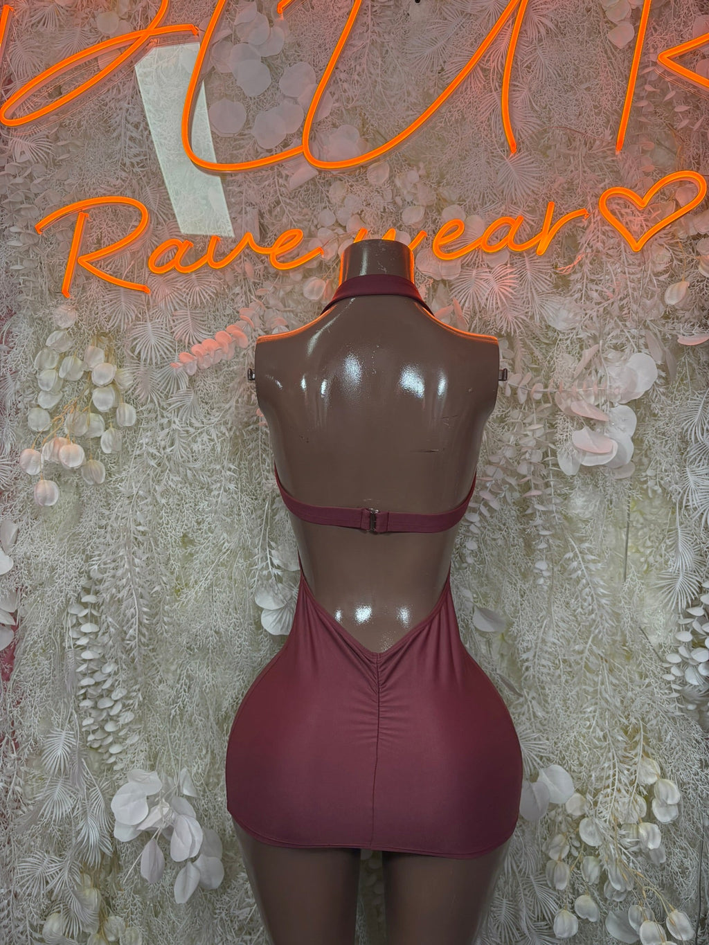 Mauve cutout mini dress backless with halter straps and circular ring detail