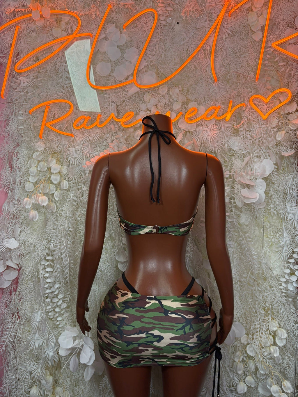 Camo lace-up two-piece mini skirt set with tie-back bandeau top and short skirt