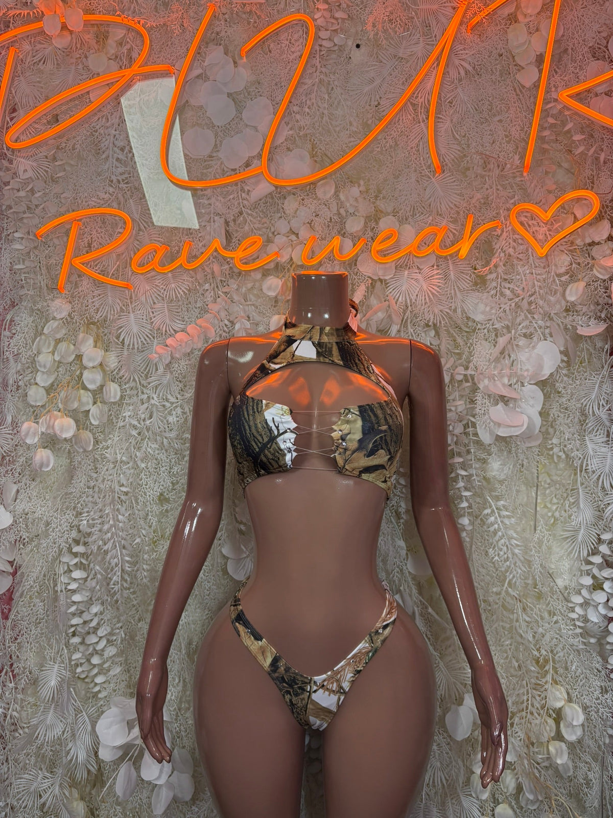 Camo micro bikini set with halter triangle top and matching thong-style bottoms