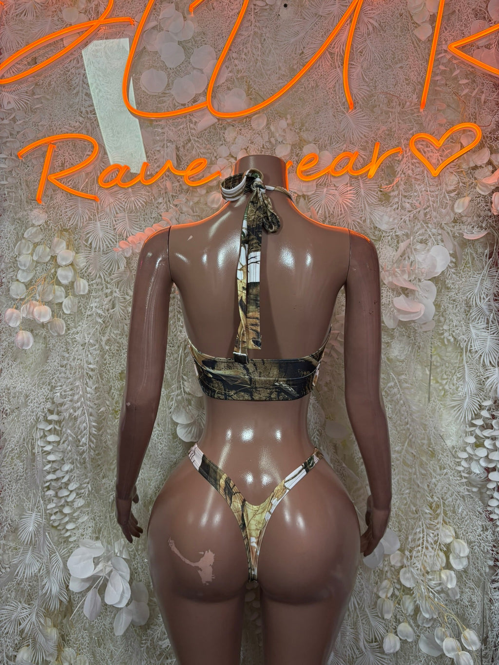 Camo micro bikini set, open back halter top with string tie and cheeky bottoms