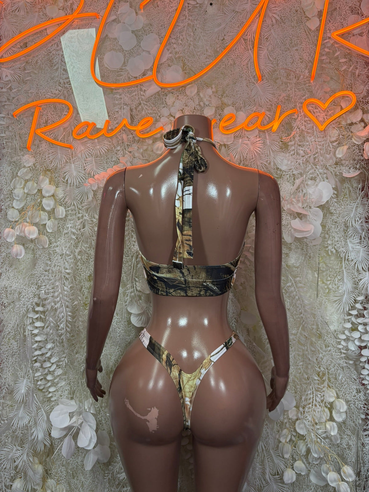 Camo micro bikini set, open back halter top with string tie and cheeky bottoms
