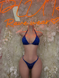 Royal blue rhinestone dot triangle bikini set, front view, tie-back bottoms