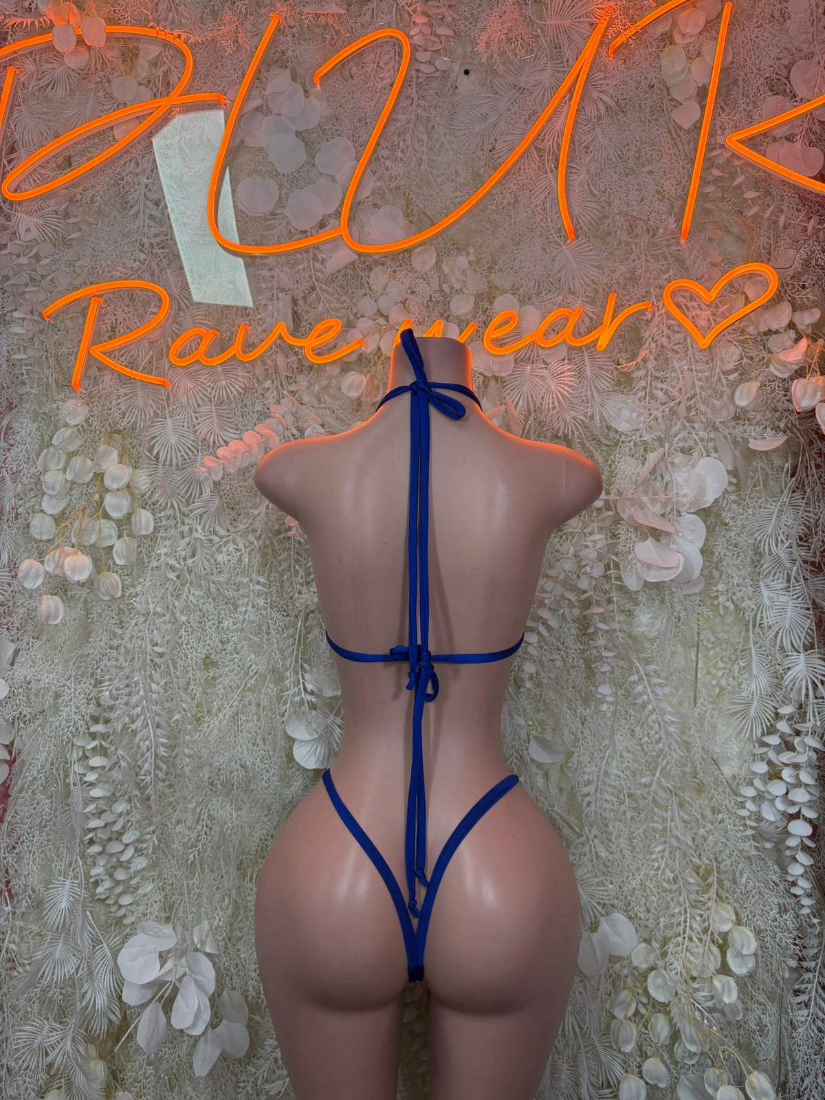 Royal blue rhinestone dot triangle bikini set, back view with tie string back