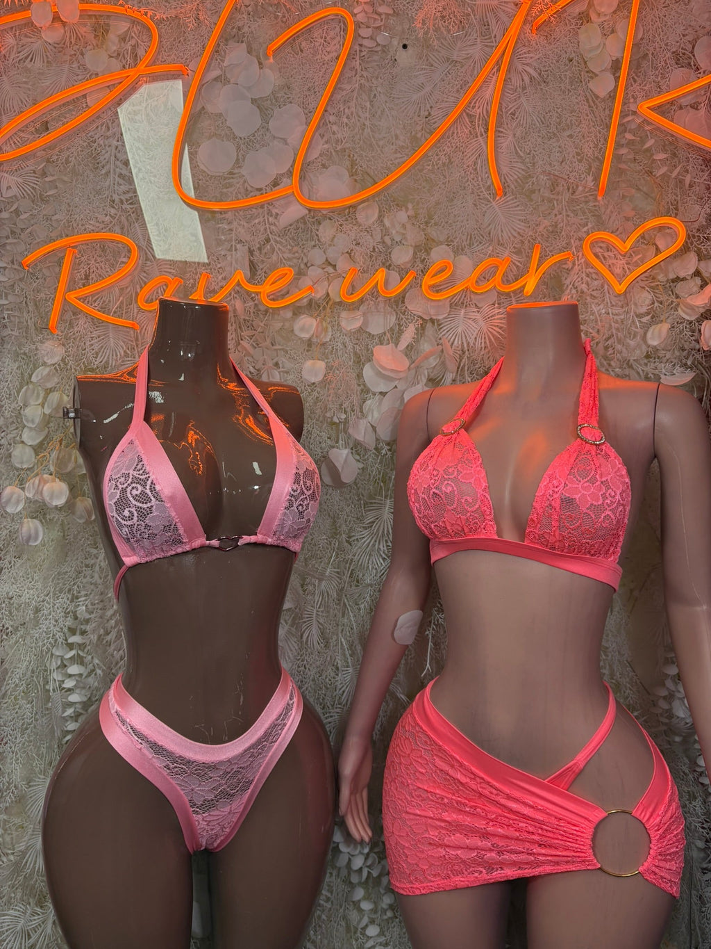 Pink lace triangle bikini set with halter triangle top and tie-front cheeky bottoms