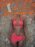 Coral pink lace triangle bra with wrap mini skirt bottoms