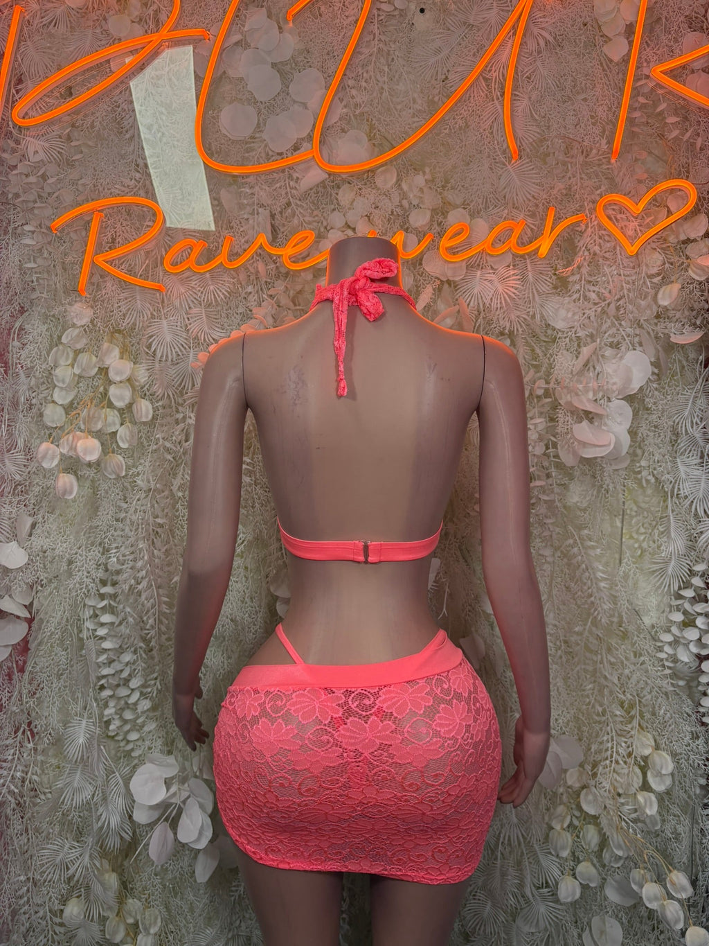 Coral pink lace tie-back bra with wrap mini skirt bottoms