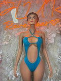 Aqua halter bodysuit with cutout front and crisscross straps