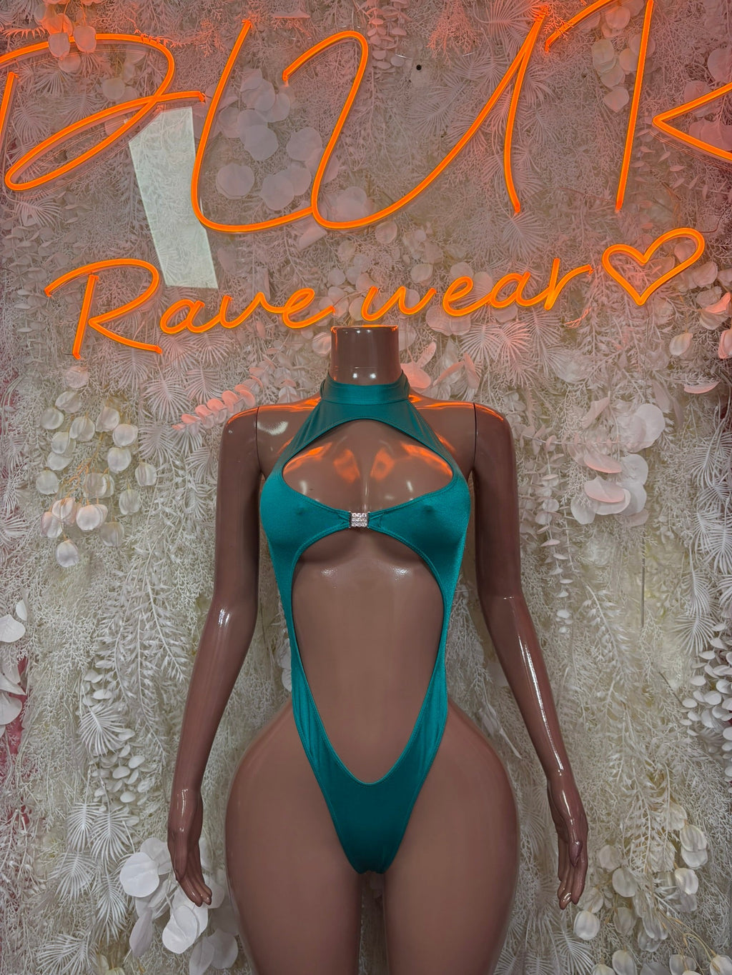 Teal halter bodysuit with large chest cutout and keyhole front