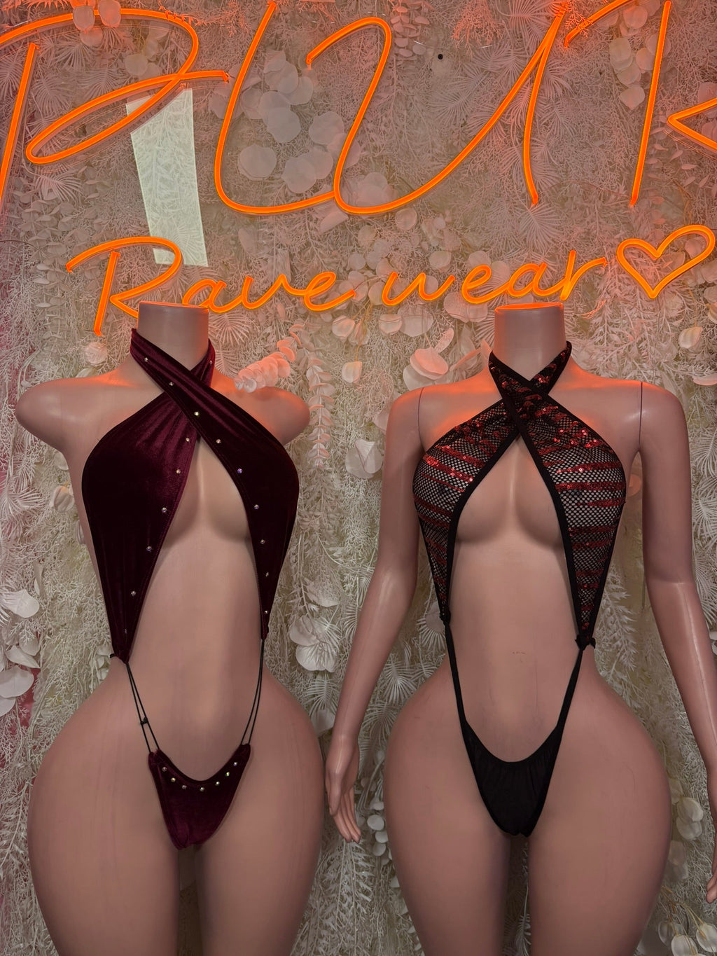 Burgundy rhinestone slingshot bodysuits with halter straps and high-cut back