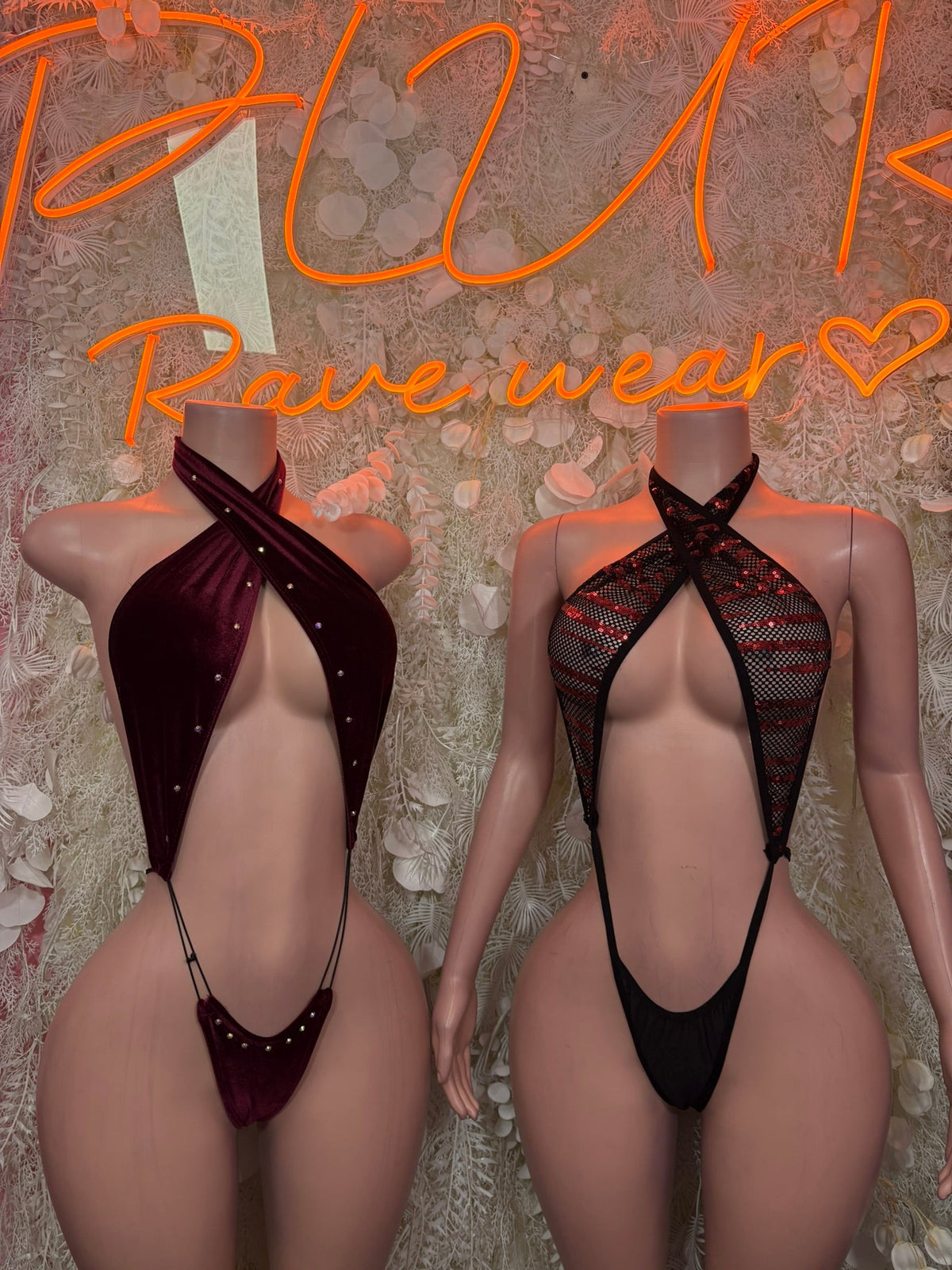 Black rhinestone slingshot bodysuit, front and back views on two mannequins