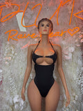 Black cutout halter one-piece swimsuit with underbust cutout and adjustable straps