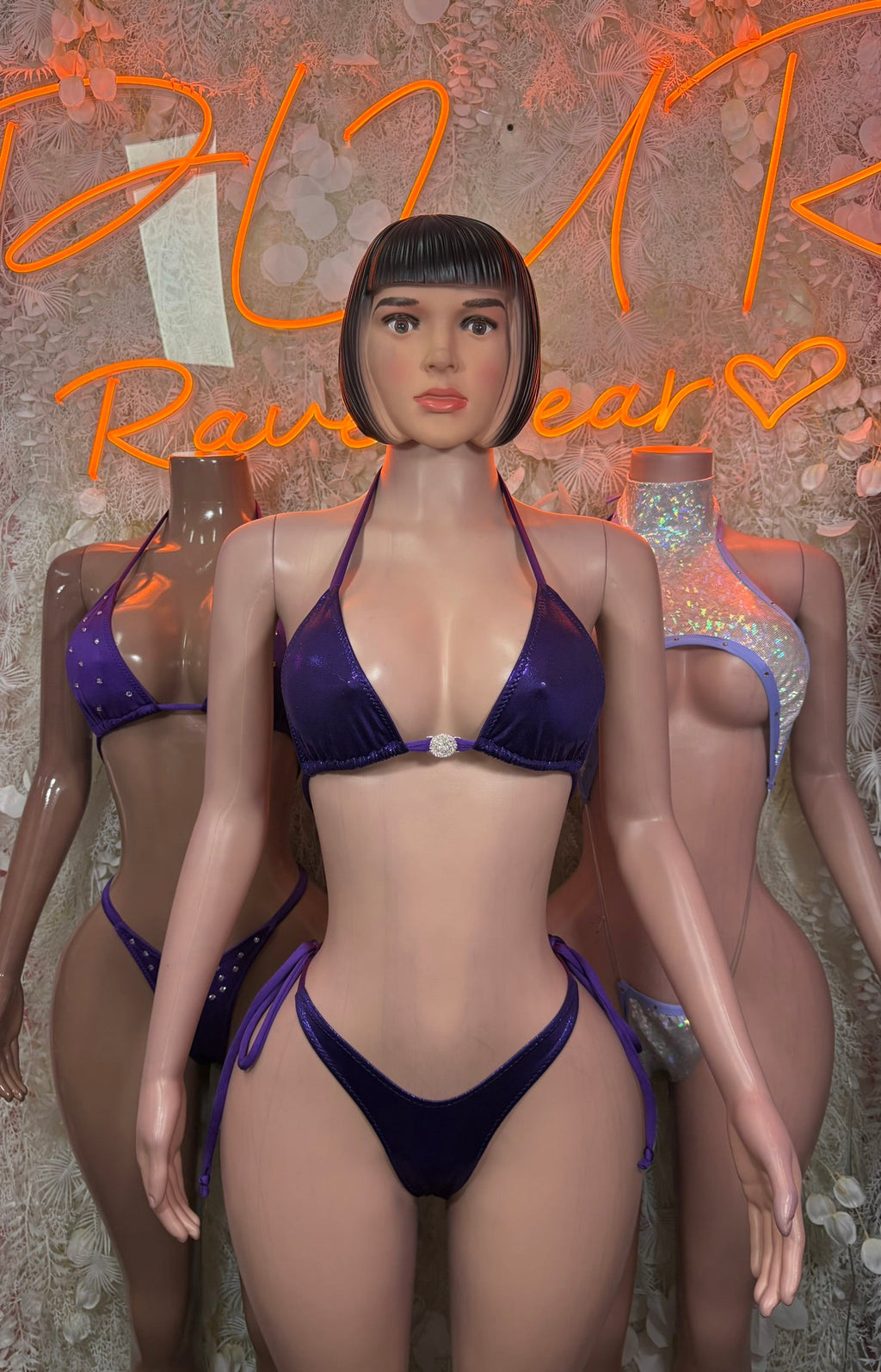 Purple rhinestone micro bikini set on mannequin, triangle bra with tie side bottoms