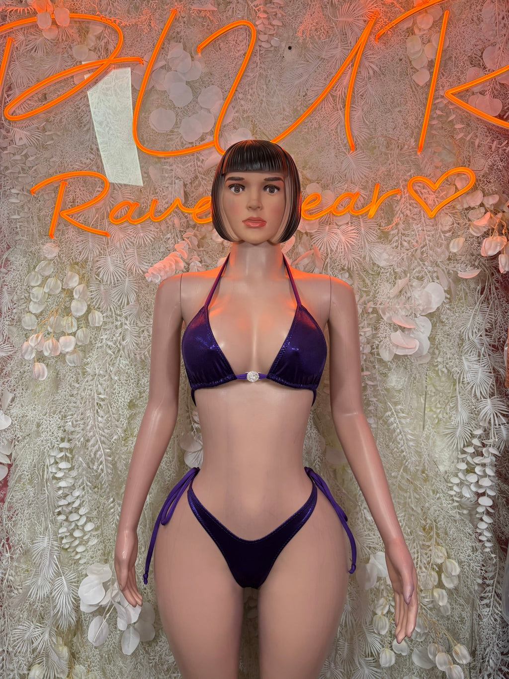 Deep purple triangle bikini set with tie-side bottoms and halter triangle top