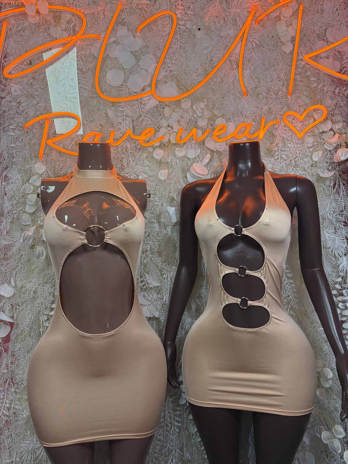 Nude mini dress shown front and back, triple cutout front, open back