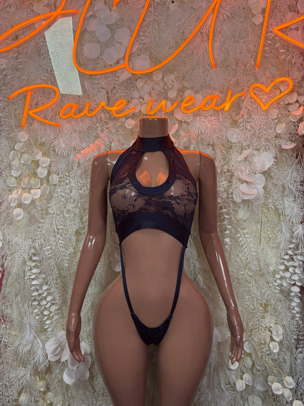 Black lace halter micro bodysuit with open back and thong cut