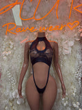 Black lace halter micro bodysuit with open back and thong cut