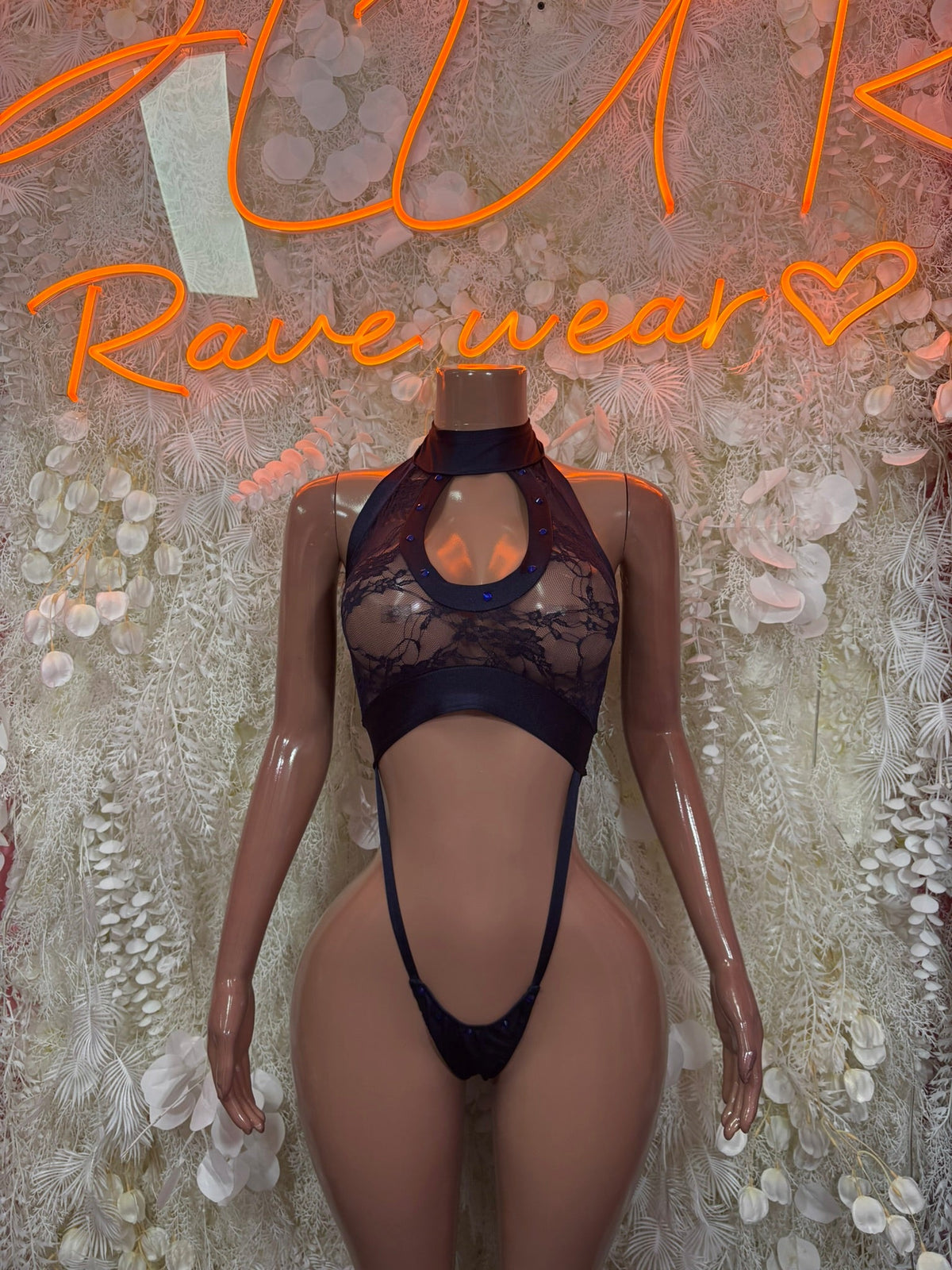 Black lace halter micro bodysuit with open back and thong cut