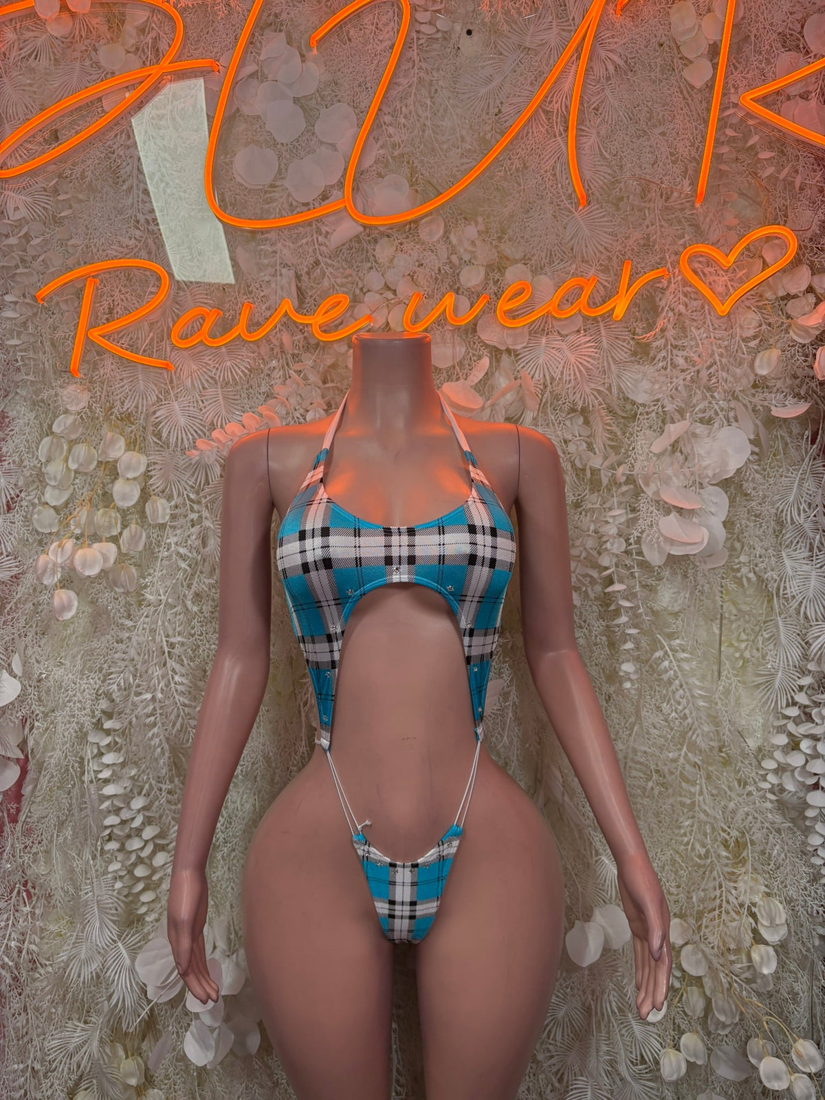 Blue plaid micro bikini with halter straps and cutout front bottoms