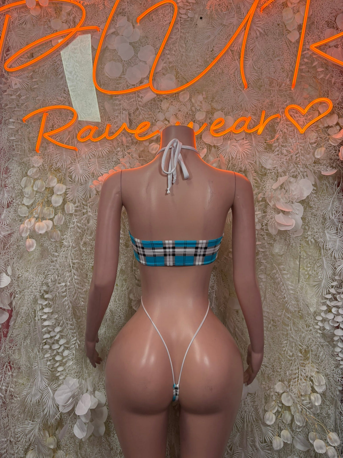 Blue plaid micro bikini back view with tie halter top and thong-style bottom