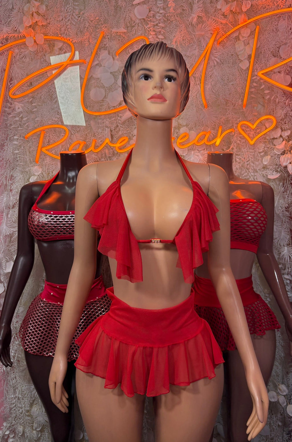 Red ruffle halter mini skirt set with layered front bodice