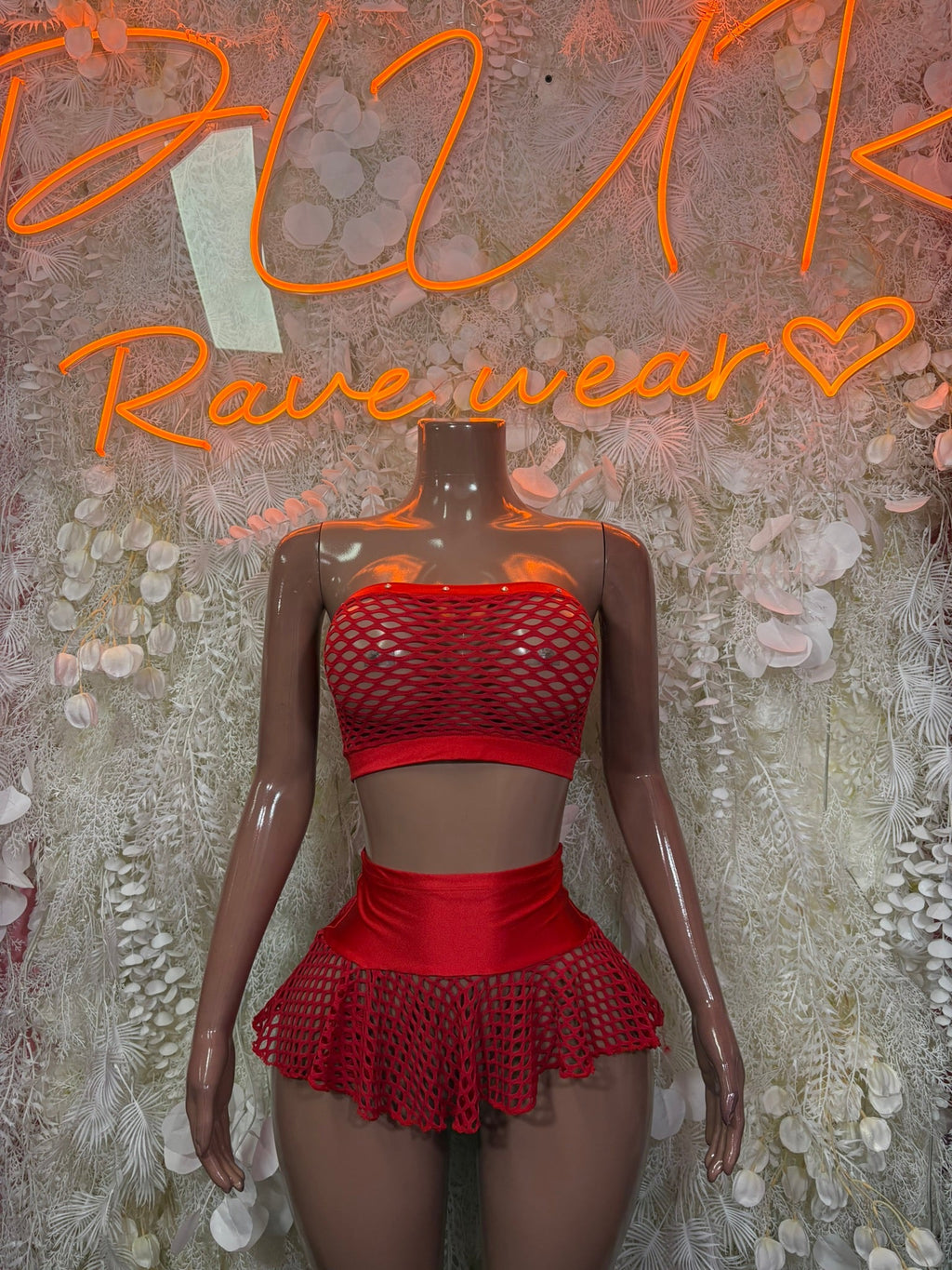 Red rhinestone bandeau mini skirt set, strapless top with flared matching skirt