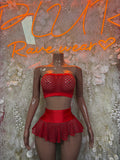 Red rhinestone bandeau mini skirt set, strapless top with flared matching skirt