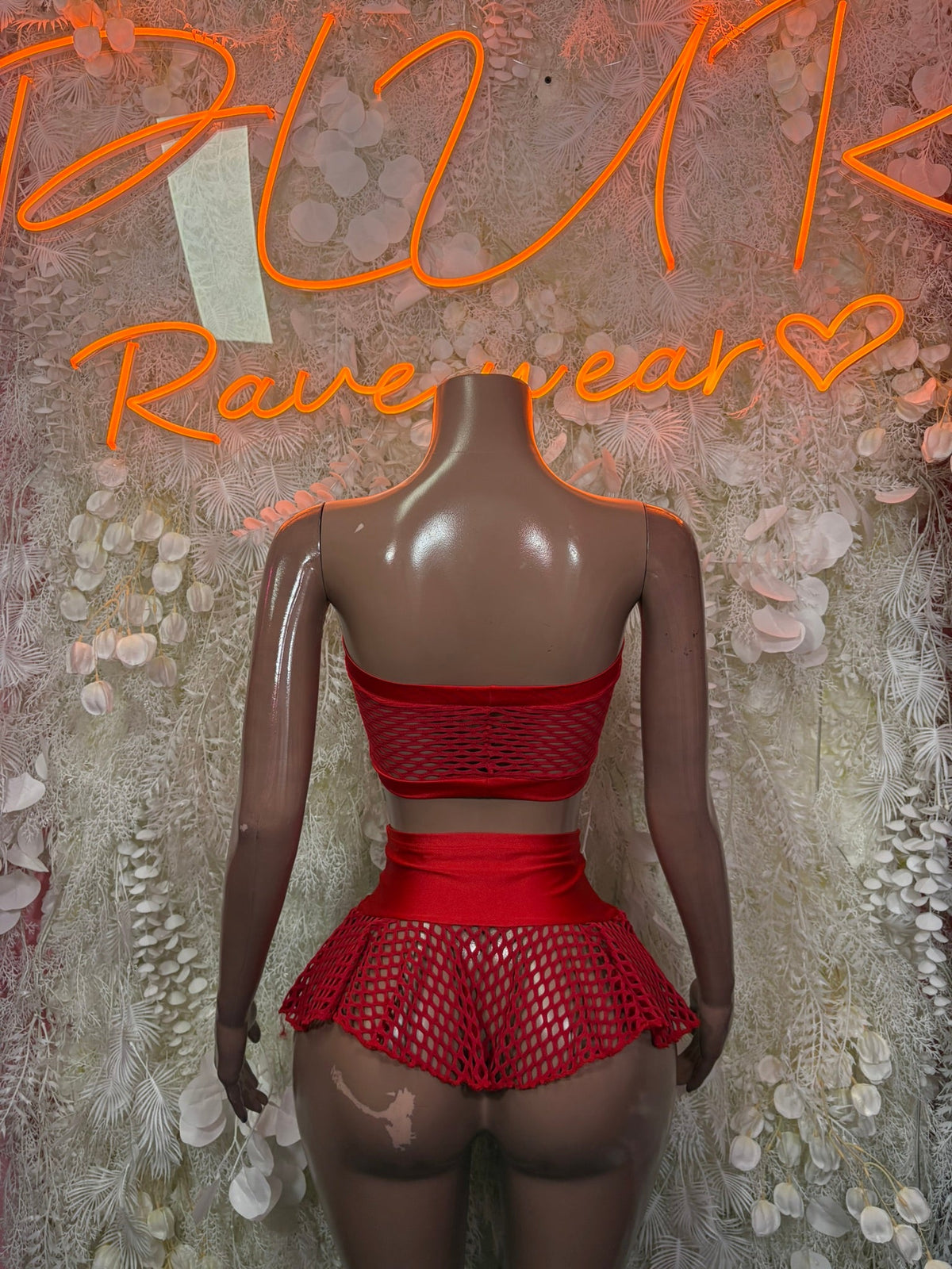 Red rhinestone bandeau mini skirt set, backless bandeau with banded back and flared skirt