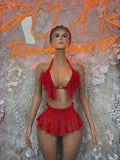 Red halter ruffle mini skirt set with tiered mini skirt