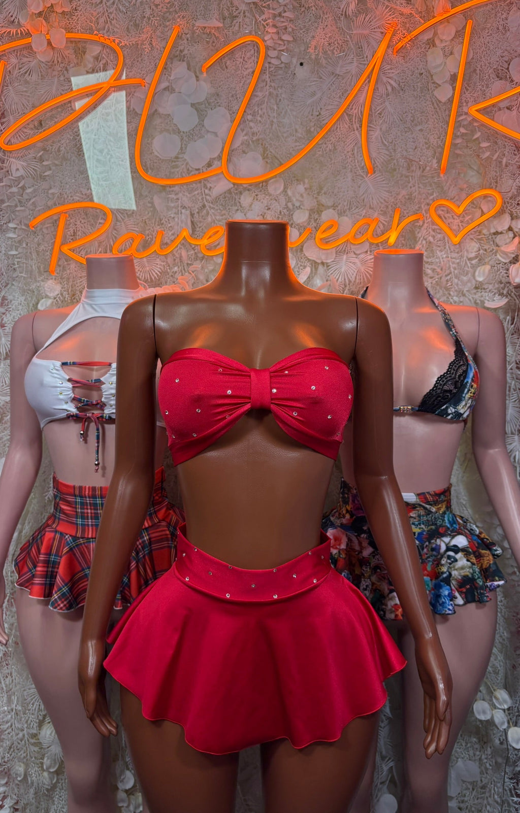 Festival bikini ruffle skirt set with red bow bandeau top and matching ruffle skirt