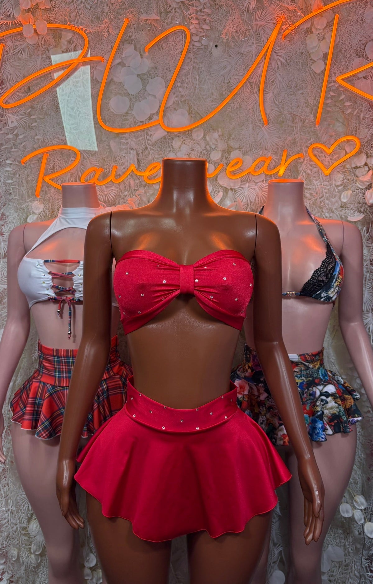 Festival bikini ruffle skirt set with red bow bandeau top and matching ruffle skirt