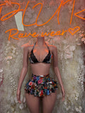 Festival bikini ruffle skirt set with black floral bra and matching ruffle skirt