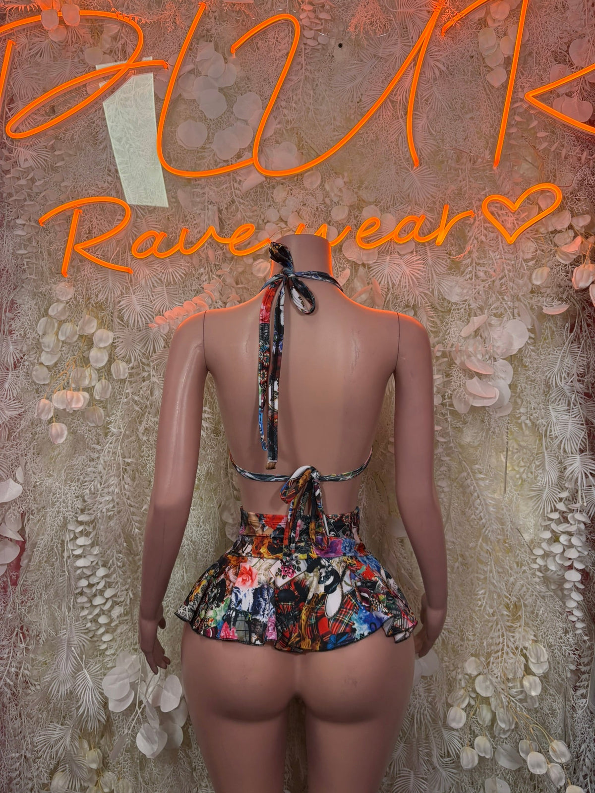 Festival bikini ruffle skirt set with black floral triangle top and tied back
